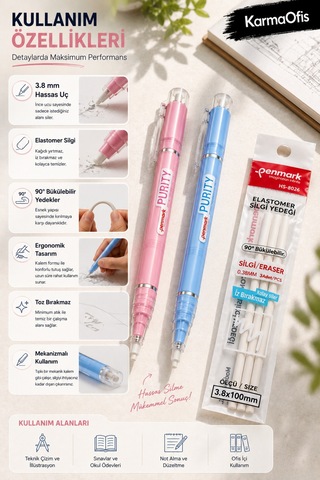 Pastel Mavi Ve Pembe Purity Mekanik Kalem Silgi Seti 3.8 Mm 2 Adet Silgi Kalemi+3 Lü Silgi Yedeği