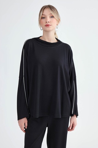 Vitrin Yuvarlak Yaka Kenarı Şeritli Oversize Bluz Siyah