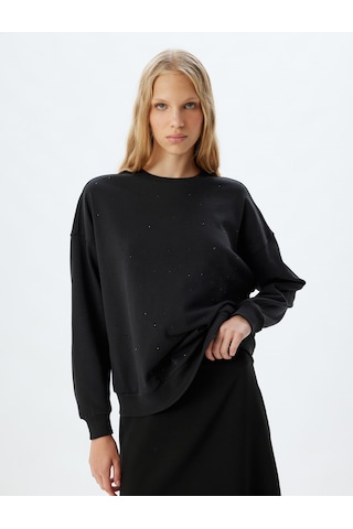 Koton Oversize Sweatshirt Bisiklet Yaka Taş Detaylı Uzun Kollu Pamuklu Siyah 5wal10494ık Siyah