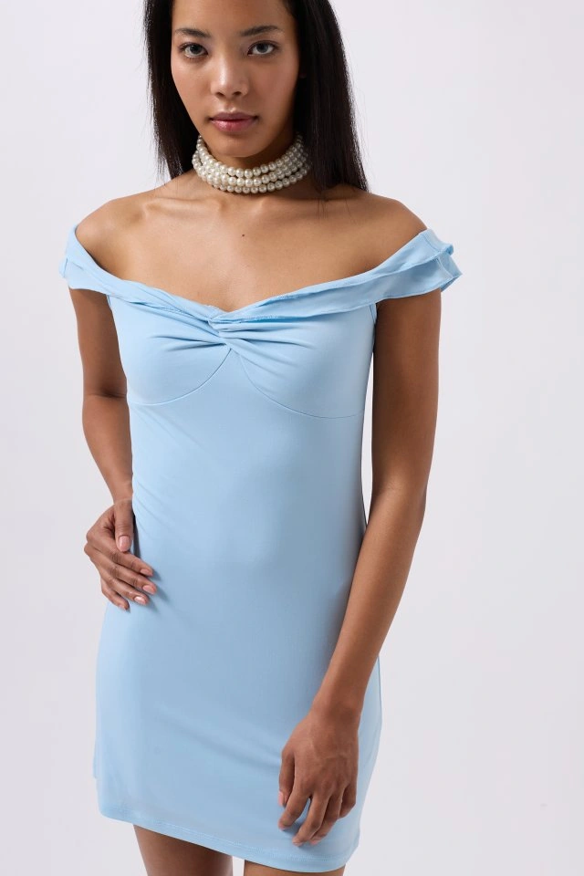 Simala Büzgü Detay Omuz Askılı Mini Elbise