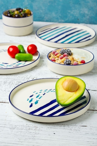 Kevin Seramik Marin Serisi 14 Parça 6 Kişilik Kahvaltı Takımı Beyaz - Mavi