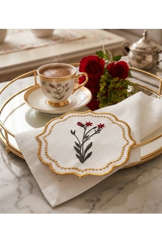 6 Adet Nakışlı Kahve Yanı Sunumluk Kokteyl Peçetesi & Bardak Altlığı Gold Kenar Çiçek Desen Standart
