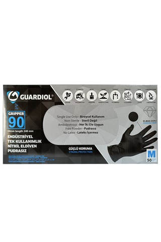 Guardiol Nitril Siyah Eldiven Çift Yönlü Tırtıklı M Beden 50 Adet