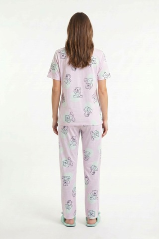 Kompedan Kadın Bisiklet Yaka Yumuşak Dokulu Ayıcık Desenli Kısa Kol Pijama Takım Pembe 70132-4680