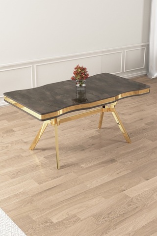 Canisa Vae Serisi 90x160 Lak Panel Antrasit Ironi Gold Ayak Masa Takımı 6 Antrasit Sandalye Antrasit İroni Masa Antrasit Sandalye Ayaklar Gold