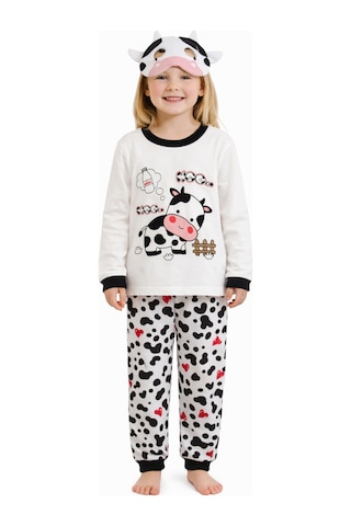 İnekli Maskeli Kız Çocuk Pijama Takımı Beyaz