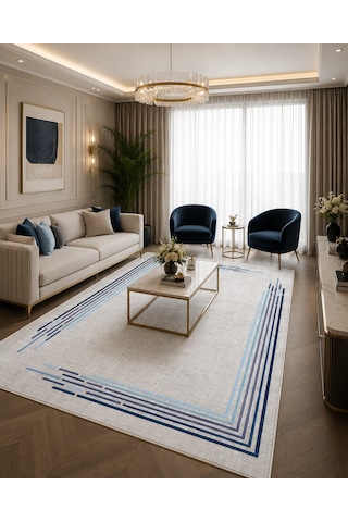 Modern Çerçeve Desen Baskılı Kaymaz Yıkanabilir Salon Oturma Odası Mutfak Balkon Halısı Yolluk Mavi
