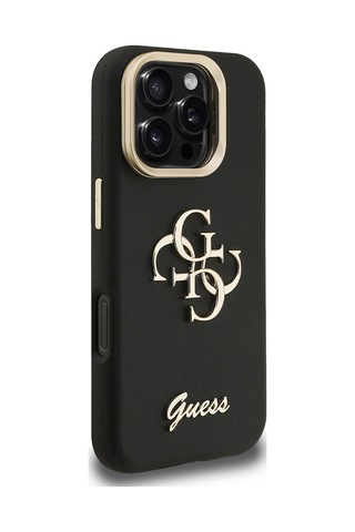 Apple iPhone 16 Pro Max Uyumlu Kılıf Guess  Lisanslı Grained Yazı Logolu Kamera Standlı Kapak Siyah