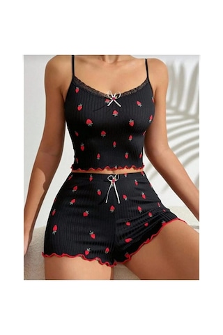 Selveta Kadın Siyah Penye İp Askılı Şortlu İnce Gecelik Pijama Takımı Çok Renkli