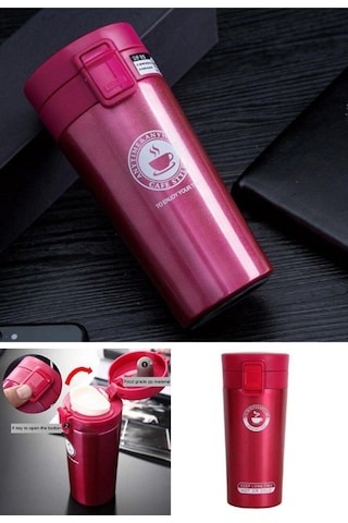 12 Saate Kadar Sıcak Soğuk Tutma Filtreli Çift Katmanlı Pembe Mug Termos Sus 304 380 Ml Gri - Siyah