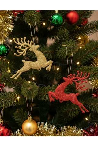 8 Cm 2'li Kırmızı Gold Simli Geyik Model Yılbaşı Ağaç Süsü Dekoratif Set