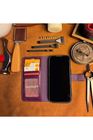 Bideri Patara Apple iPhone Uyumlu 17 Pro Hakiki Deri Cüzdan Kılıf Mor