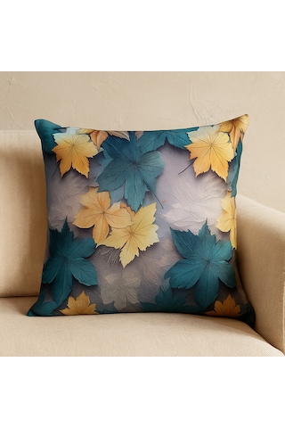 Sonbahar Yaprak Desenli Kırlent Kılıfı Turkuaz & Sarı Renkli, Dijital Duck Kumaş, Dekoratif Yastık 40 x 40