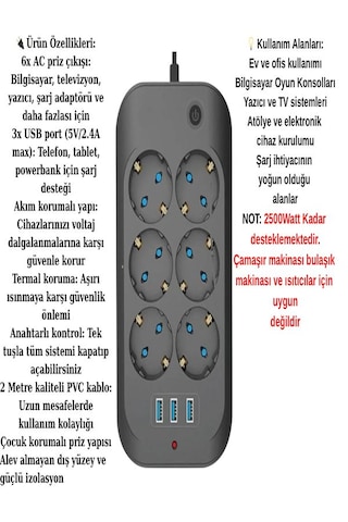 Ftr11 3xusb 6xsoket Termal Akım Korumalı 2 Metre Uzatma Kablolu A
