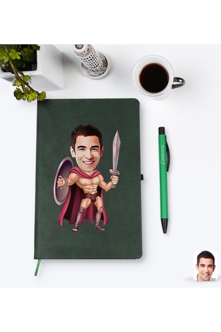 Kişiye Özel Spartalı Karikatürlü Yeşil Termo Deri Defter Kalem Se