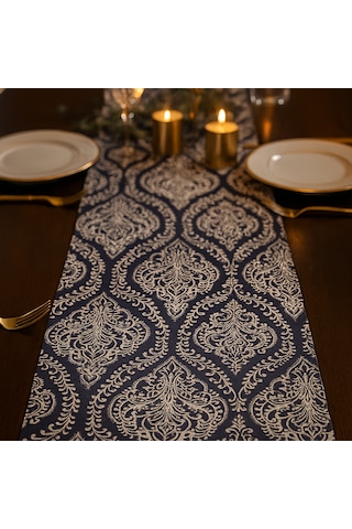 Zarif Desenli Gri Duck Kumaşmasa Runner I - Lüks Dokulu Sofra Aksesuarı 40x140 Cm Gri