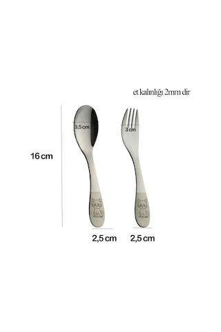 Emze Çocuk Paslanmaz Çelik Çatal Kaşık Seti Kedi Desenli Gümüş