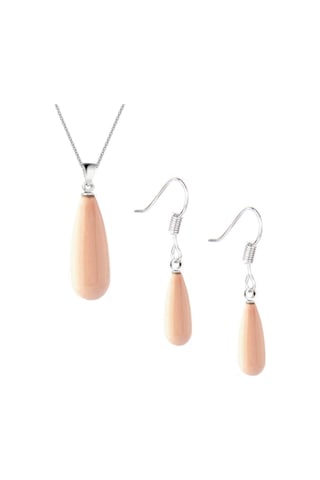 Pembe İnci Uzun Damla Küpe - Kolye Gümüş Set Kancalı Model