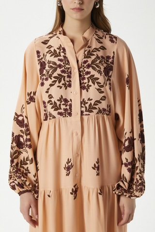 Modest Rosabella Pudra Kadın %100 Viskon Maksi Boy Katlı Balon Kol Uzun Yazlık Elbise Pudrasiyah