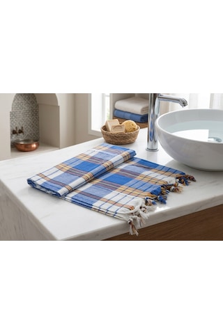 Ludıa %100 Pamuk Ekose Peştemal Havlu Mavi Çizgili Saçaklı Plaj Ve Banyo Peştemali 79x190 Cm Mavi Beyaz Sarı