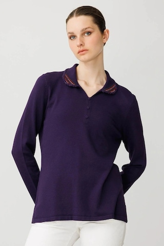 Desen Triko Polo Yaka Likralı Kadın Bluz 25091 Mor