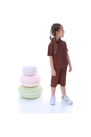 Kız Çocuk Desenli Gömlekli Takım-6369-Kahverengi