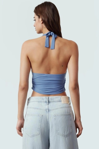 Ersefa Vücuda Oturan Boyundan Bağlamalı Crop Bluz Polyester Elastan Sand Mavi