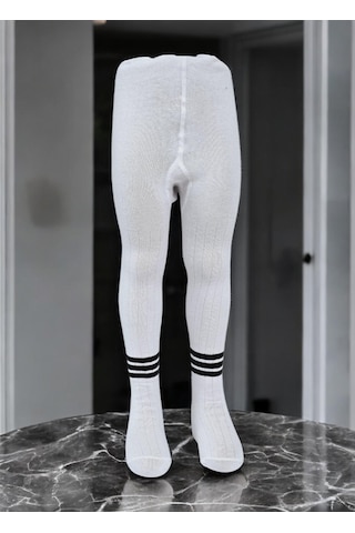Çizgili Pamuklu Çocuk Külotlu Çorap Beyaz