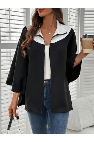 Kadın Panço Fermuarlı Sweat Oversize Kesim, 3 İplik Şardonlu Kumaş Siyah