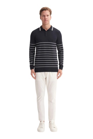Cazador Slim Fit Viskon Dokulu Basic Çizgi Detaylı Polo Yaka Kazak-33020 Lacivert