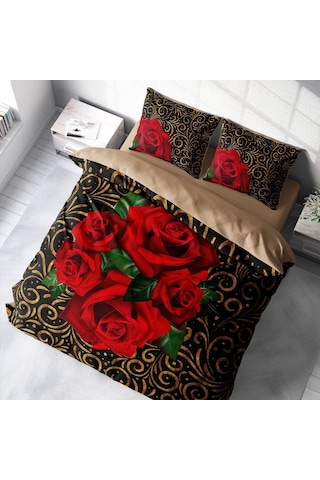 Monohome Gold & Roses 3D Pamuk Saten Çift Kişilik Nevresim Takımı Çok Renkli