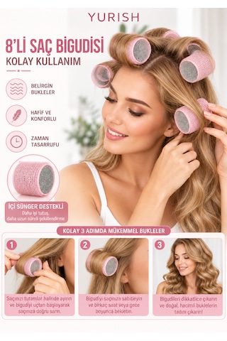 8 Li Sünger Destekli Saç Bigudisi Isısız Bukle Ve Hacim Veren Toz Pembe Set Açık Pembe