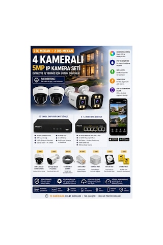 4 Kameralı 2 İç 2 Dış 5 Mp Ip Kamera Seti Poeli Gece Renkli Ses Kayıtlı Yapay Zeka Destekli Tak-çalıştır Kuruluma Hazır Sistem