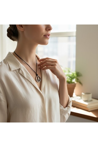 Krom Kaplama Barış Sembolü Figürlü Unisex Kolye - Yağlı Koton Kordonlu Ayarlanabilir Peace İşaretli Minimalist Tılsım Kolye Siyah Gümüş