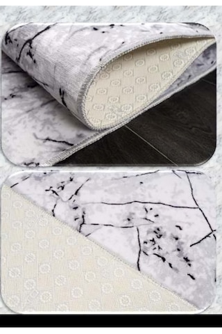 Aslan Home Gri Blue Mermer Desenli Jel Kaymaz Taban Yıkanabilir Yumuşak Yüzey Kesme Yolluk Krem 5