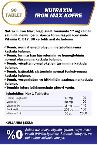 Nutraxin Iron Max 17 Mg 90 Tablet Avantajlı Paket - Gentle Iron, Vitamin C, B12, B6, 3 Aylık Kullanım