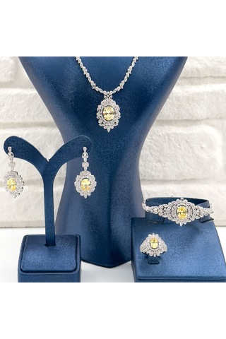 Pırlanta Montür Sitrin Taşlı 4'lü Gümüş Set Takım Gümüş