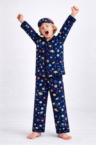 Beka Kids Desenli Uzun Kollu Önden Düğmeli Gömlek Yaka Erkek Çocuk Pijama Takımı Ve Göz Bandı Lacivert