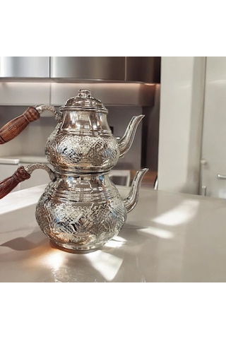Bakır Çaydanlık & Bakır Demlik Çiçek Desenli Bakır Çaydanlık Büy Gümüş