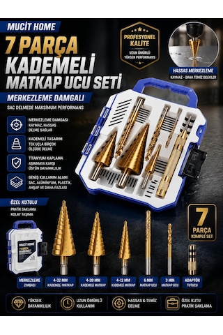 7 Parça Merkezleme Damgalı Kademeli Matkap Ucu Sac Delme Seti Özel Kutulu