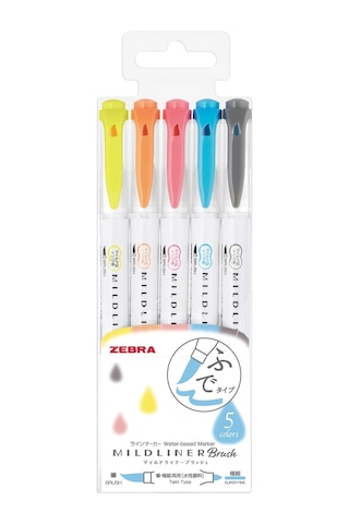 Zebra Mildliner Brush Fırça Uçlu Fosforlu Kalem 5'li Set N11.10754