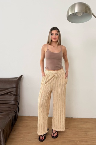 Giysa Kadın Beli Ayarlanabilir Fırfır Detaylı Çift Cepli Pantolon Bej - Ms0001626