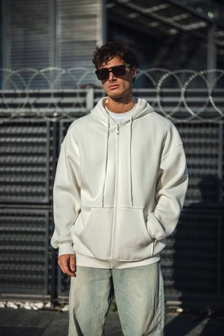 Mbb E-ticaret Erkek Tam Fermuarlı Cepli Kapüşonlu 3 İplik Pamuklu Hoodie Sweatshirt - Beyaz
