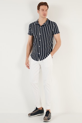 Buratti Çizgili Pamuk Karışımlı Kısa Kollu Apaş Yaka Regular Fit Erkek Gömlek Cf24S117664 Lacivert