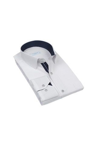 Erkek Klasik Uzun Kol Keten Cotton Hediye Kutulu Gömlek - Beyaz L Beyaz - Lacivert