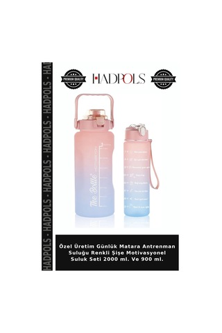 Özel Üretim Günlük Matara Antrenman Suluğu Renkli Şişe Motivasyonel Suluk Seti 2000 Ml. Ve 900 Ml. Çok Renkli