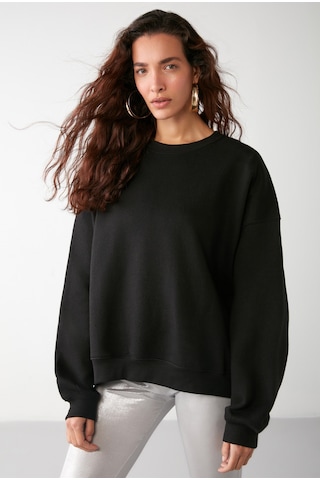 Grimelange Vaneltına İçi Polarlı 3 İplik Organik Pamuk Oversize Basic Bisiklet Yaka Kadın Sweatshirt - Siyah