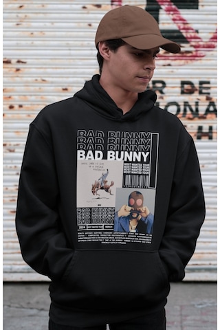 Sevbano Tasarım Bad Bunny Rapper Baskılı Unisex Oversize Şarkıcı Hoodie Siyah