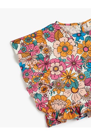 Koton Crop Bluz Kolsuz Fırfırlı Çiçek Desenli Pamuklu Ekru Desenli 4skg60194aw Ekru Desenli Ekru