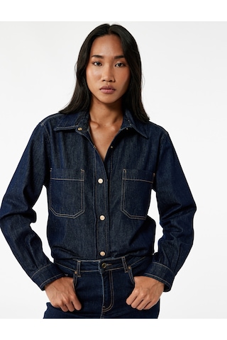 Koton Cep Detaylı Uzun Kollu Klasik Yaka Denim Gömlek Koyu İndigo 6wal60004md Dark Indigo